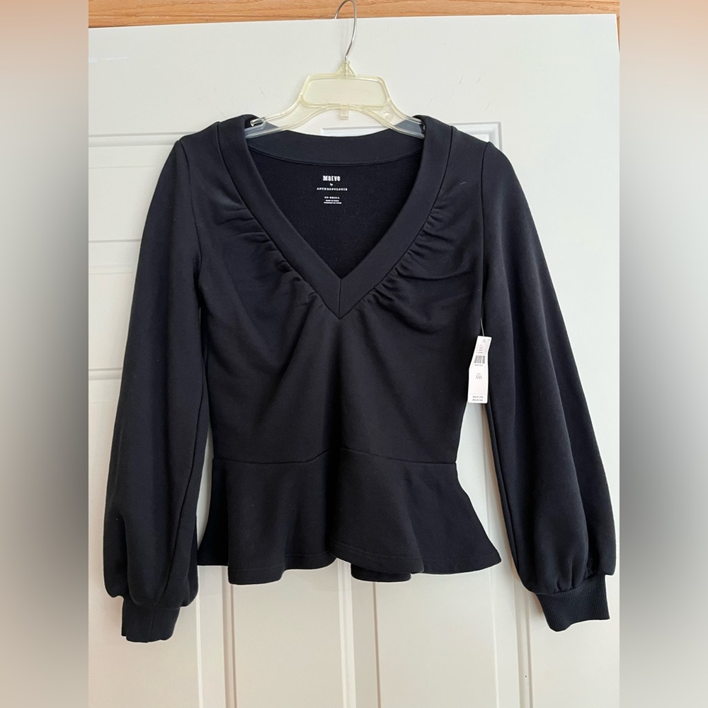 New Maeve Anthropologie black v neck long sleeve peplum shirt.  Size XXS